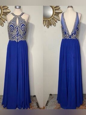 Coya Collection Blue Beaded Floral Decal Halter Gown